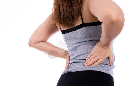 患有腰部和背部疼痛的妇女与世隔绝的白种背景 保健和医疗概念伤害肌腱背痛病人男人风湿治疗脊柱痛风痛苦图片
