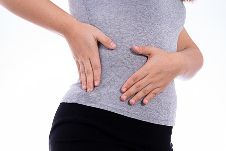 女性触摸胃 腰或肝脏的手与白种背景隔绝 卫生保健和医疗概念黄疸细胞科学膀胱食管药品肝硬化肝炎肥胖解剖学图片