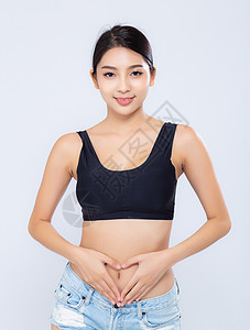 年轻年轻的亚洲女人 微笑着美丽的身体饮食与健康图片