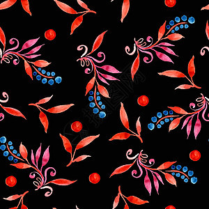 红色和蓝色的叶子和浆果的花卉水彩无缝图案枝条纺织品季节花瓣织物绘画草图墙纸边界花圈图片