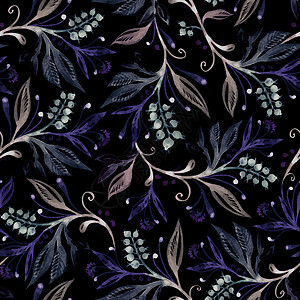 弗洛拉丝无缝的图案 叶子和浆果在紫色 蜜蜂在黑色图片