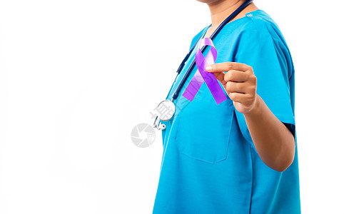 女医生穿蓝色制服 手握紫色丝带狼疮胃肠病治疗癫痫女士帮助世界中风女性活动图片