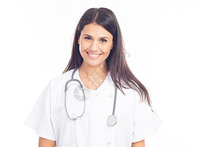 穿着白大衣的笑着护士或棕发医生肖像药品实验室健康工人快乐临床商业微笑工作黑发图片