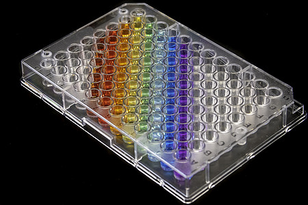 在生物学实验室中特写96个多管板块保健实验解决方案样品研究卫生化验医疗测试化学图片