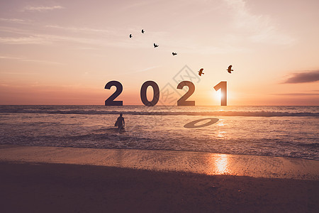 新年2021年即将到来 海滩日落背景放松热带商业假期幸福天空数字日历新生活太阳图片