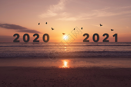 新年2021年即将到来 海滩日落背景问候语放松太阳商业庆典旅行成功假期幸福热带图片