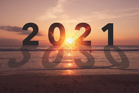 新年2021年即将到来 海滩日落背景旅行新生活天空庆典数字假期日历商业幸福成功图片