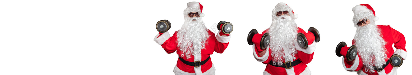 三个圣诞老人锻炼身体 推举哑铃 做二头肌卷曲 孤立在白色背景上 运动 健身 健美概念 横幅尺寸 复制空间图片
