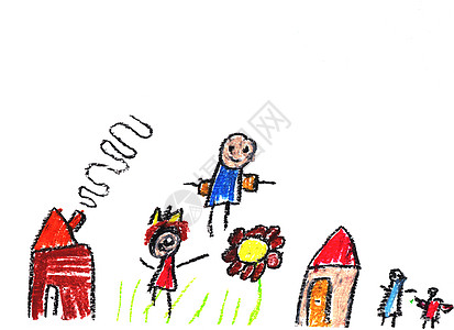 Wax crayon儿童手画的房屋 草地 多彩花朵和幸福的家庭图片