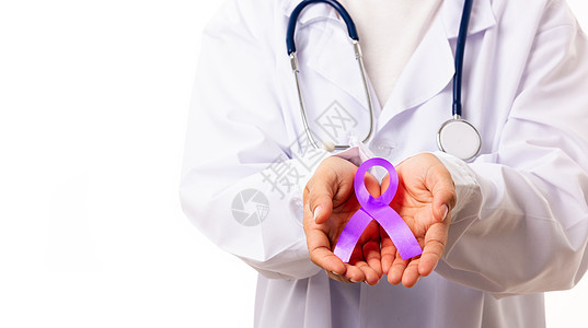 女医生穿白制服 手握紫色丝带药品狼疮斗争帮助胃肠病活动疾病癫痫治疗国家图片