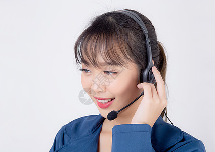 美丽肖像 年轻的亚洲女性商业妇女客户服务j顾客顾问办公室电话耳机热线服务台女孩讲话微笑图片
