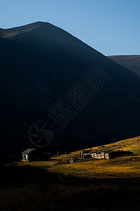 在高山脚下altai山的一座山上的木屋顶峰乡村草地假期村屋栅栏荒野场地村庄森林图片