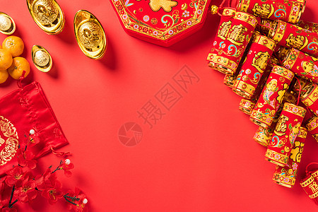 中华新年2021节传统假期运气金子信封桌子财富风格李子幸福图片