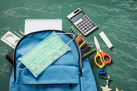 绿色黑白板上装面罩保护的学校书包背包桌子教学配件小吃课堂学习教育班级孩子房间图片