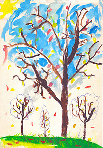 棕色的树 黄色和红色的叶子 绿草和蓝天 儿童画图片