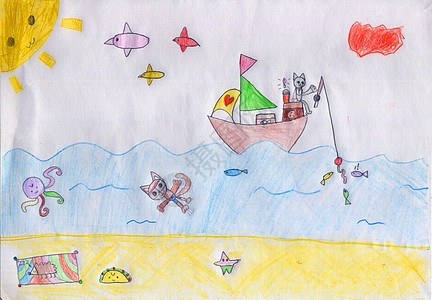 猫在小船上钓鱼其他猫游泳刺猬章鱼明星和鸟类 儿童画图片