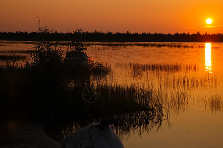 在湖面水面上流淌橘子 湖中草和日落的反射橙子地平线剪影池塘苔原辉光波浪天空海浪海景图片