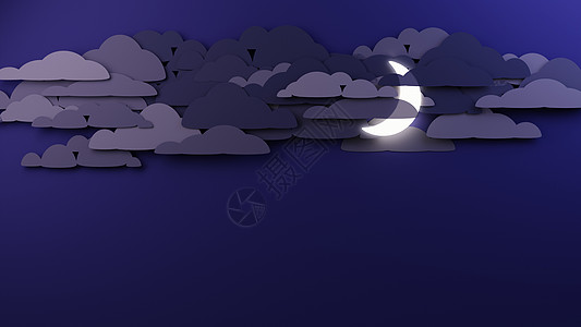 3D云月亮透过厚厚的云层照耀在深紫色的天空上 设计数字渲染背景