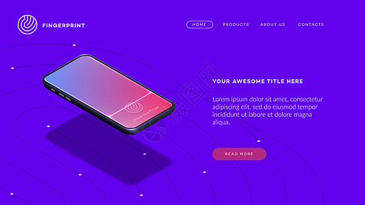 时尚等距矢量智能手机 带有等距手机的应用程序样机或横幅的 Web 模板 指纹应用展示图片