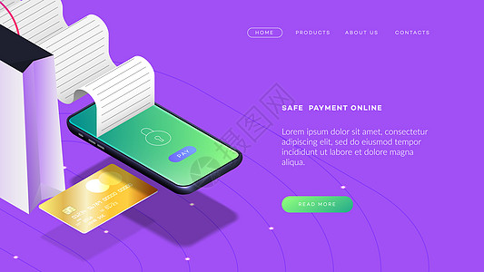 时尚等距矢量智能手机 应用程序样机或横幅的 Web 模板 有付款收据的等量移动电话 安全移动支付应用展示图片