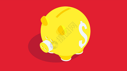 现代等距新年快乐背景 红色背景的黄色存钱罐 2019 年设计的概念硬币盒新年假期钱盒黄猪广告横幅季节礼物背景图片
