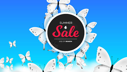 夏季销售横幅与逼真的蝴蝶在天空中的云层中攀爬 概念矢量背景价格假期标签插图折扣交易卡片海报传单广告图片