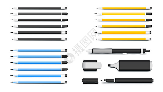 Pens Pencils Markers和Textliner 公司身份模型最受欢迎的编写材料 矢量说明图片