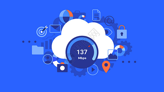 云端托管的概念平面矢量说明地球上传团队蓝色隐私下载计算高科技存储图表图片