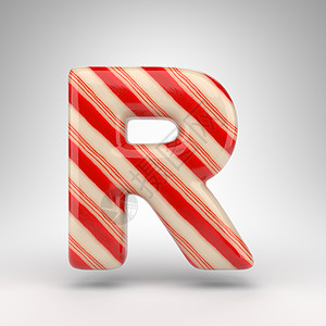 白色背景上的大写字母 R 带有红色和白色线条的糖果手杖 3D 字母图片
