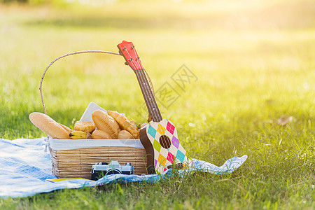 配有面包食品和水果的圆篮子草地缺口公园小吃午餐桌布晴天场地健康食物图片