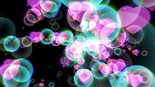 粉红心水泡泡与跳舞的心漂浮在黑色屏幕上与白色 sta图片