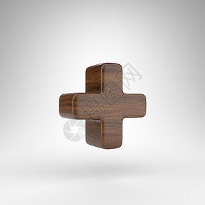 白色背景上的加号 具有棕色木质纹理的深色橡木 3D 标志图片