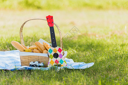 配有面包食品和水果的圆篮子小吃草地假期健康相机花园闲暇场地食物毯子图片