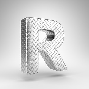 白色背景上的大写字母 R 具有方格板纹理的铝 3D 字母图片