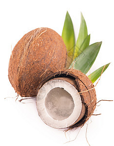 白背景有叶子的椰圈坚果果汁棕榈饮食热带异国椰子情调牛奶营养图片