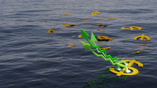水期投资收益 价格飞涨 美元标志漂浮在满是绿箭的水上 数字3D转换 (笑声)图片