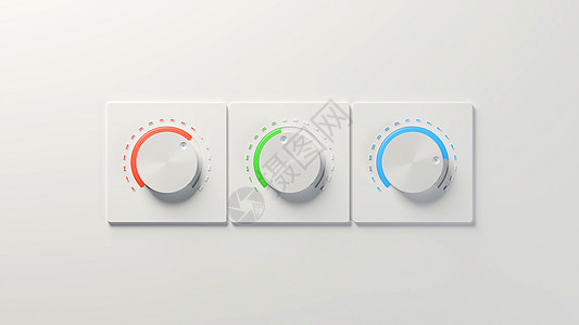 三个白色旋钮 白色背景上有红色绿色和蓝色亮点  RGB 颜色混合音频设备概念 数字 3D 渲染图片