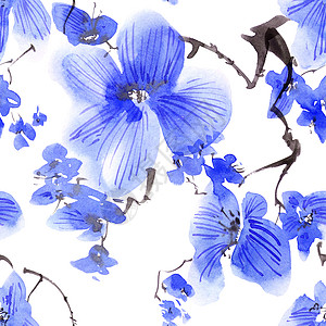 蓝色花瓣墨水刷子树苗墙纸花园手工罪恶绘画插图艺术图片