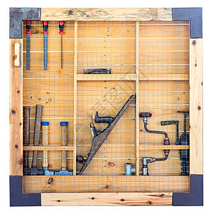 工具架 对白面隔墙的工具架作坊木头工具箱硬件螺丝刀钻头手工工作持有者店铺图片