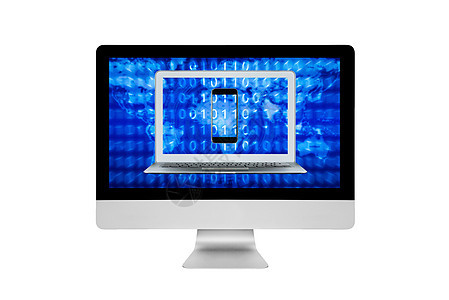 屏幕上采用全球物联网技术的智能电脑和手机 物联网技术和大数据概念的技术背景图片