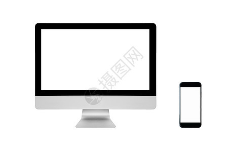 智能现代 PC 和智能手机与空白屏幕隔离在白色背景上 智能技术和物联网概念的照片设计图片