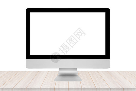 白色背景的木桌上有空白屏幕的智能现代个人电脑 智能技术和物联网概念的照片设计图片
