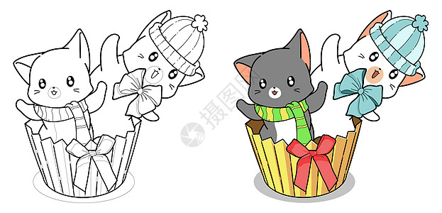2只可爱的猫在杯子蛋糕卡通着色页动物小猫猫咪微笑哺乳动物打印女孩花圈婴儿乐趣图片