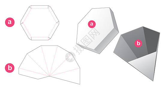 六角塔形盒子和盖子模切模板卡片模切木板贮存糖果展示蓝图食物插图零售图片