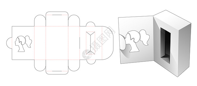 翻盖模切模板上带有女性肖像形窗口的翻盖化妆盒图片
