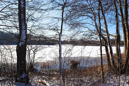 在阳光明媚的一天 雪覆盖了欧洲北部冰冻湖泊景观金子旅行日出反射日落裂缝天空太阳蓝色季节图片