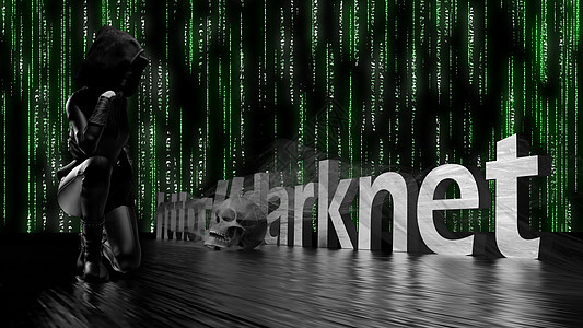 黑暗背景上的暗黑文字词 一个身着黑衣和头骨的女人互联网渲染骇客犯罪网络反思间谍颅骨攻击小说图片