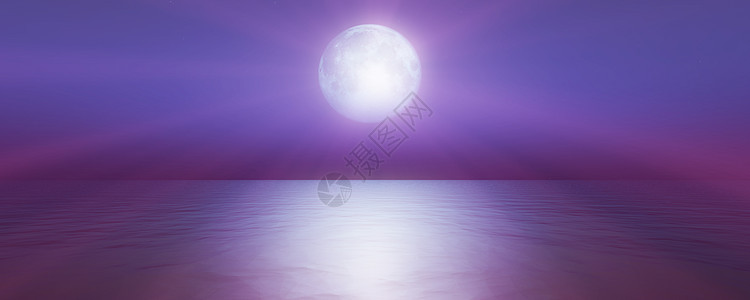 满月在天空背景反射在海水中  3D仁德镜子行星插图渲染海浪墙纸月亮地平线风景地球图片
