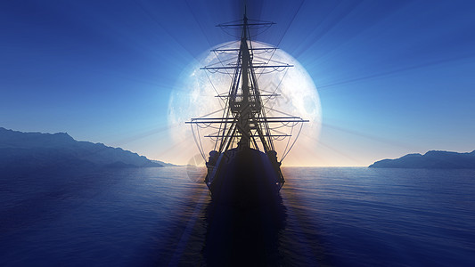 老船在海上满月它制作图案飞行月光插图天空海洋航程帆船月亮护卫舰运输图片