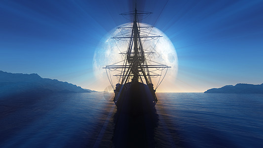 老船在海上满月它制作图案航程渲染插图月光巡航海洋运输飞行墙纸天空图片